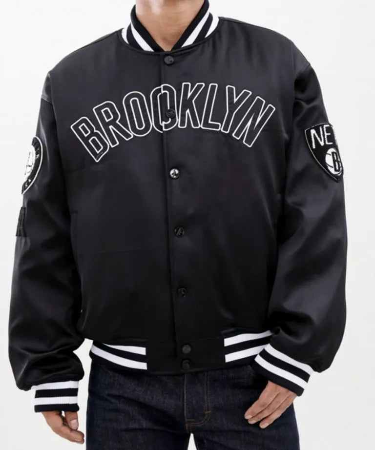 Brooklyn Nets Full-Snap Varsity Black Satin Men's Bomber Jacket