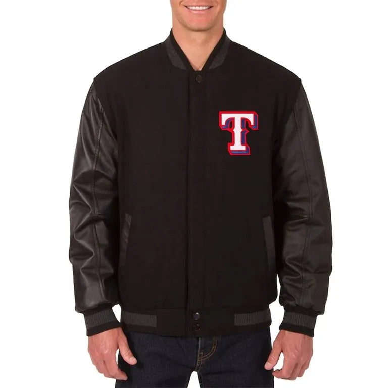 Texas Rangers Black Wool & Leather Sleeves Varsity Men's Jacket