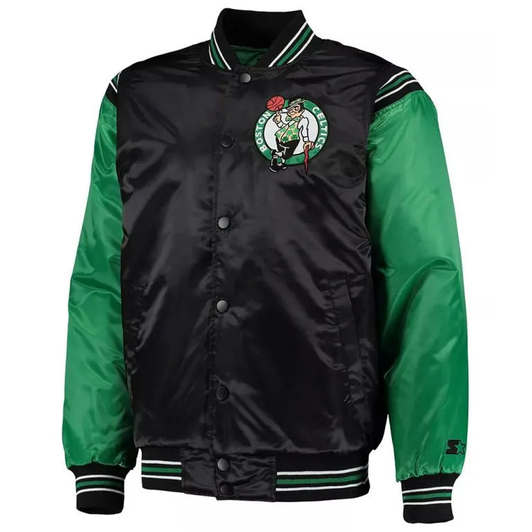 Boston Celtics The Enforcer Full-Snap Varsity Black/Kelly Green Satin Men's Bomber Jacket