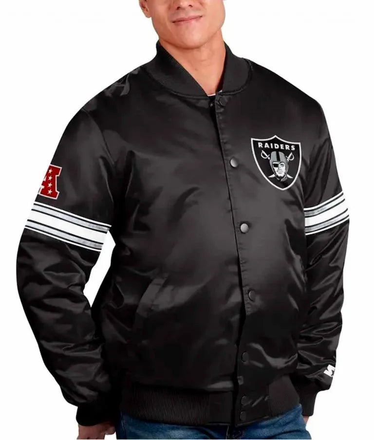 Los Angeles Raiders The Pick and Roll Full-Snap Varsity Black Satin Men's Bomber Jacket