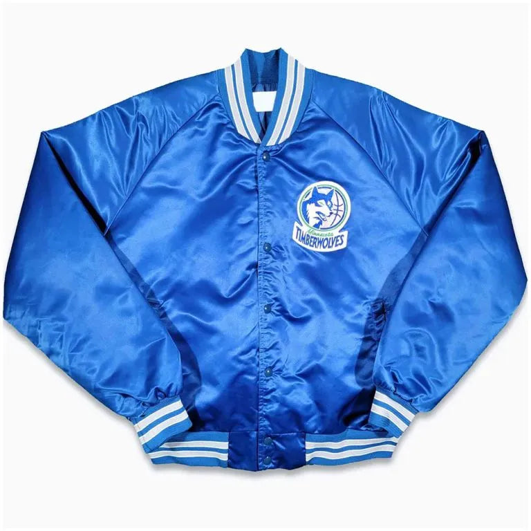80’s Minnesota Timberwolves Full-Snap Varsity Blue Satin Men's Bomber Jacket