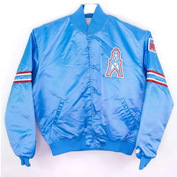 90’s Houston Oilers Full-Snap Varsity Blue Satin Men's Bomber Jacket