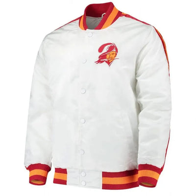 Tampa Bay Buccaneers Throwback D-Line Full-Snap Varsity White Satin Men's Bomber Jacket