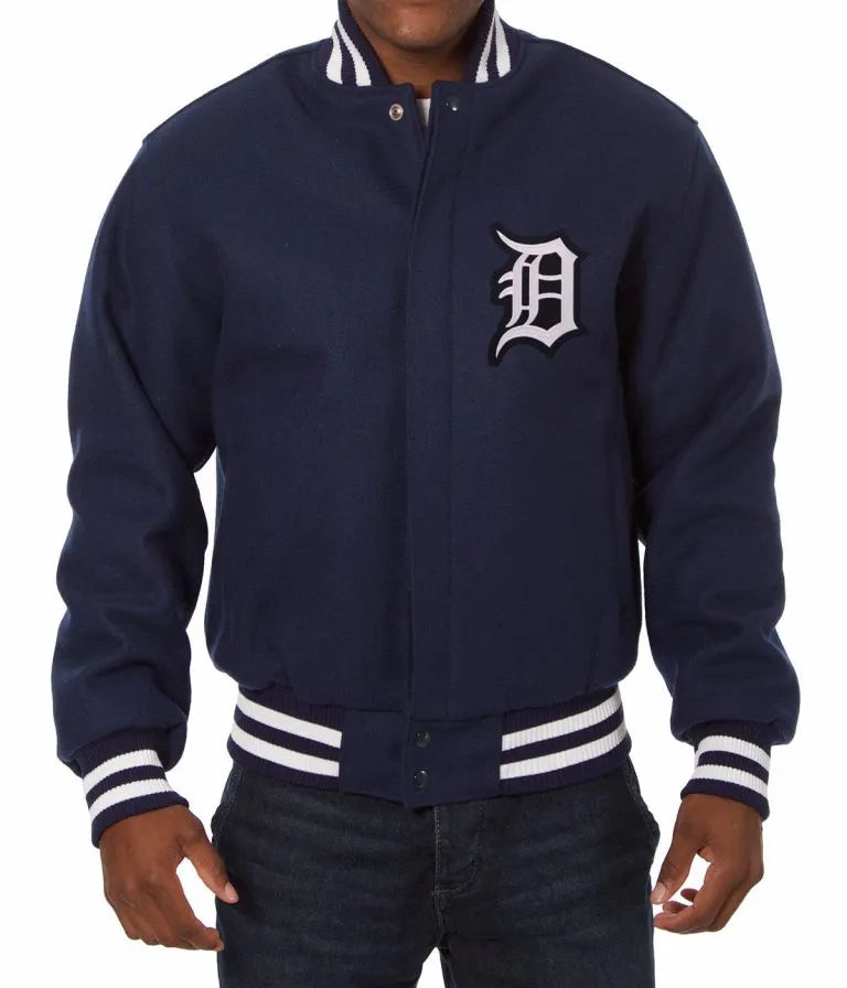 Detroit Tigers Embroidered Bomber Navy Blue Wool Men's Jacket
