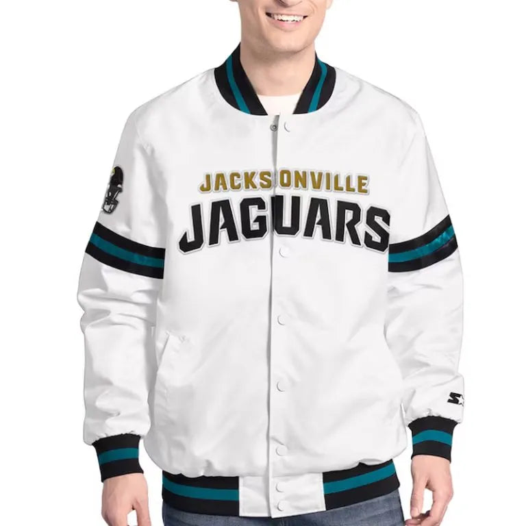 Jacksonville Jaguars Scout Full-Snap Varsity White Satin Men's Bomber Jacket