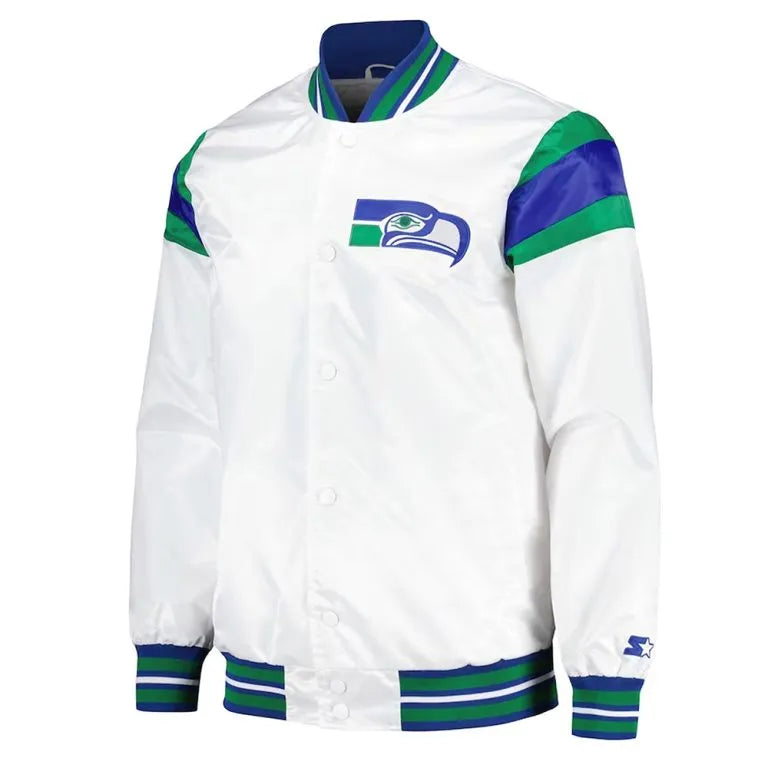 Seattle Seahawks Midweight Full-Snap Varsity White Satin Men's Bomber Jacket