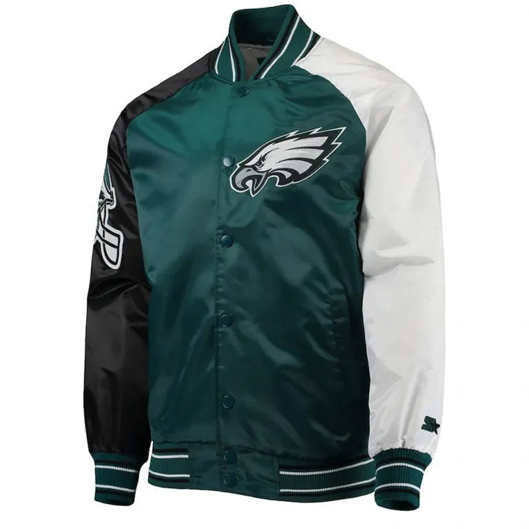 Philadelphia Eagles The Reliever Full-Snap Varsity Green Black & White Satin Men's Bomber Jacket