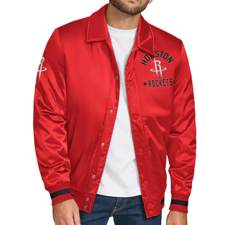 Houston Rockets Stitch Applique Full-Snap Varsity Red Satin Men's Bomber Jacket