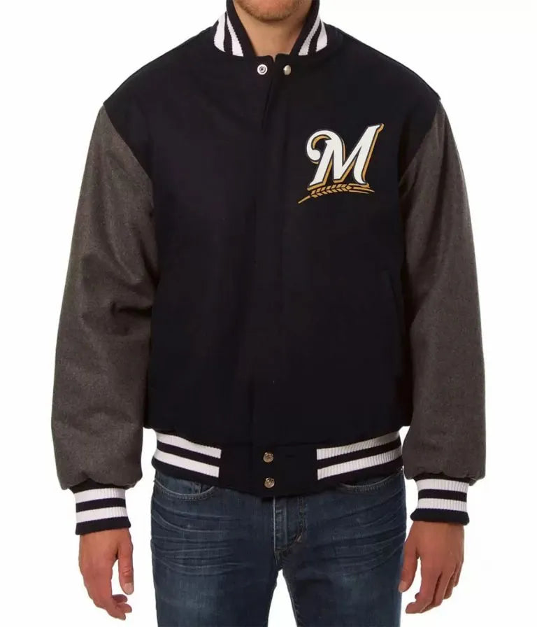Milwaukee Brewers Varsity Wool Two Tone Black and Gray Men's Jacket