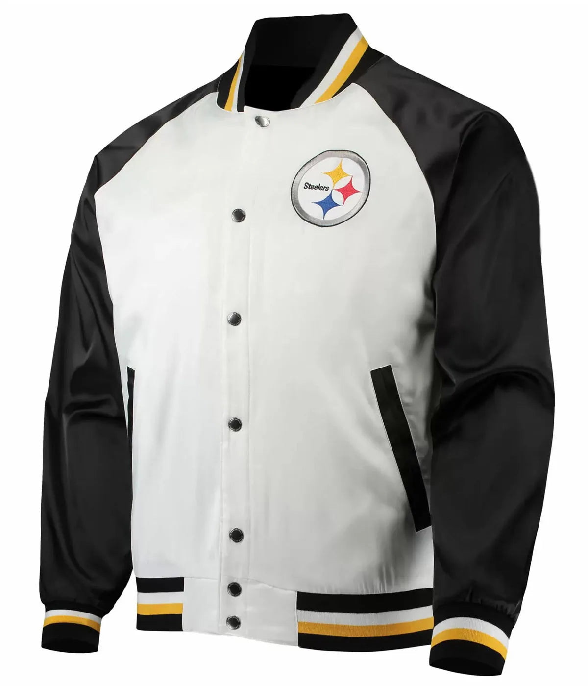 Pittsburgh Steelers Full-Snap Varsity White and Black Satin Men's Bomber Jacket