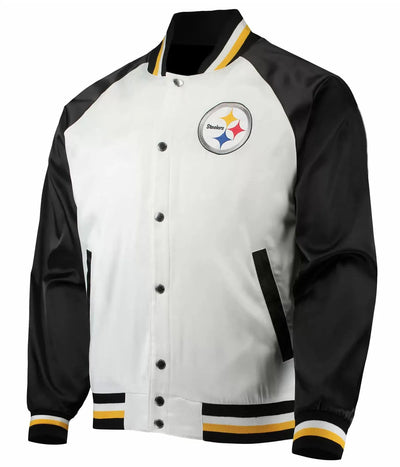 Pittsburgh Steelers Full-Snap Varsity White and Black Satin Men's Bomber Jacket