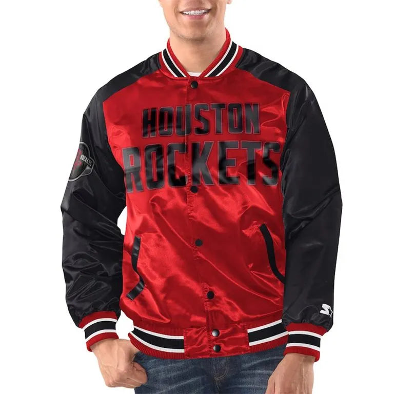 Houston Rockets Renegade Full-Snap Varsity Red/Black Satin Men's Bomber Jacket