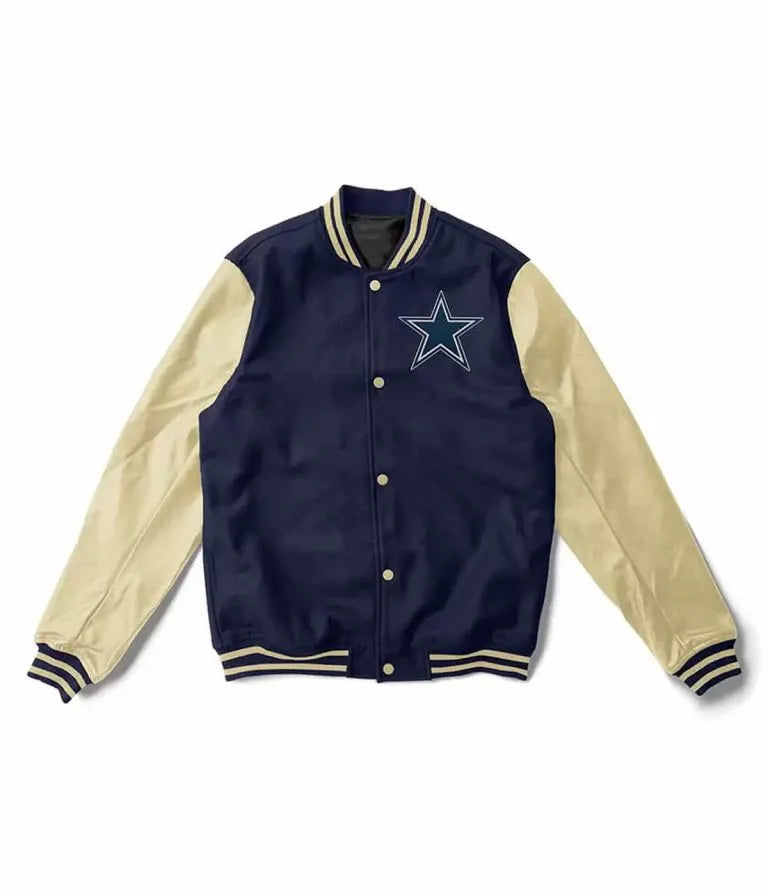 Dallas Cowboys Navy Blue Wool & Cream Genuine Leather Sleeves Men's Varsity Jacket