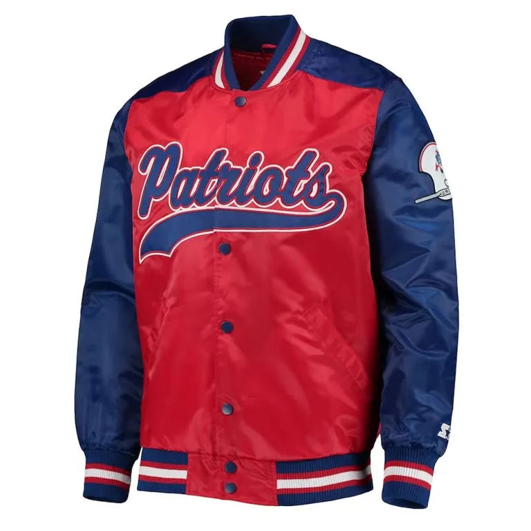 New England Patriots The Tradition Full-Snap Varsity Red & Blue Satin Men's Bomber Jacket