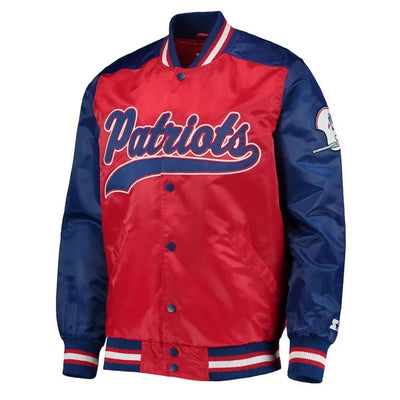 New England Patriots The Tradition Full-Snap Varsity Red & Blue Satin Men's Bomber Jacket