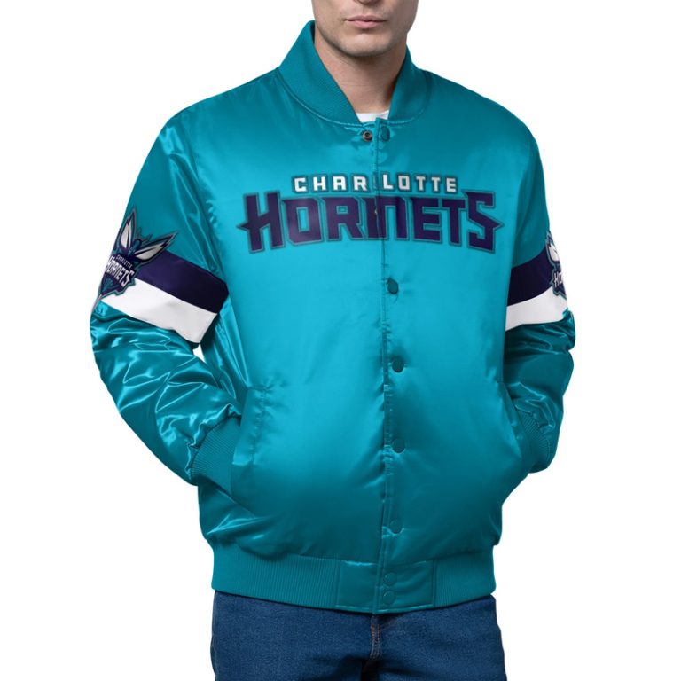 Charlotte Hornets Triple Option Full-Snap Varsity Teal Satin Men's Bomber Jacket