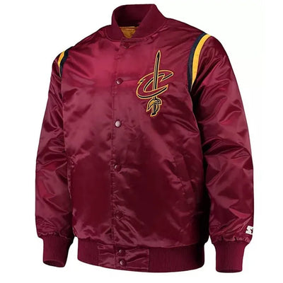 Cleveland Cavaliers Teddy Full-Snap Varsity Wine Color Satin Men's Bomber Jacket