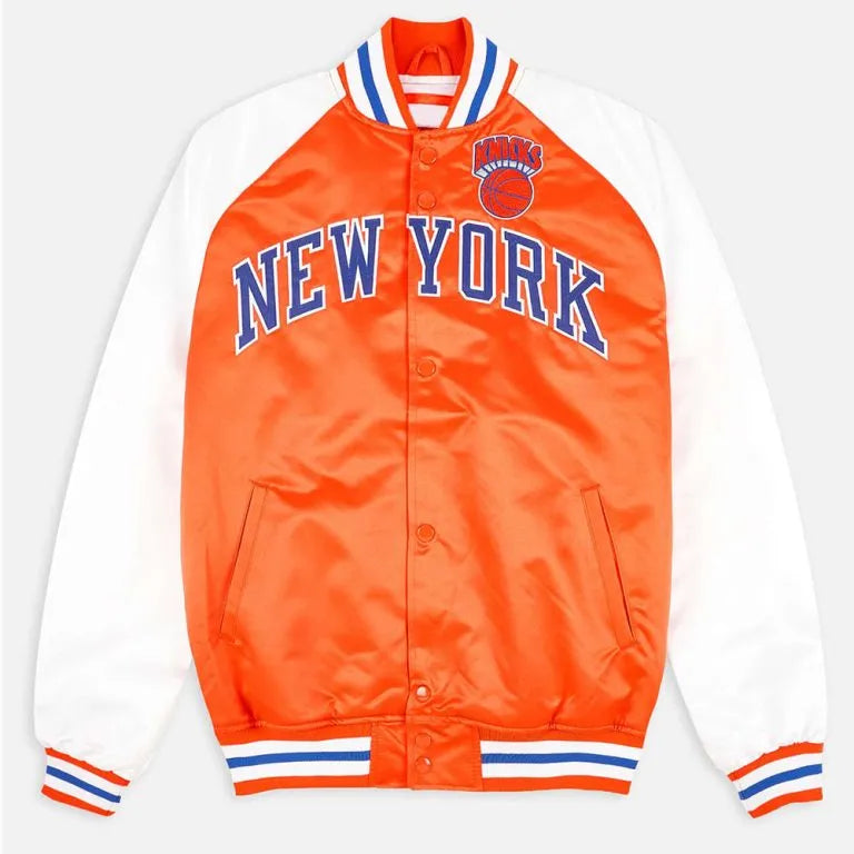 New York Knick Prime Time Full-Snap Varsity Orange and White Satin Men's Bomber Jacket