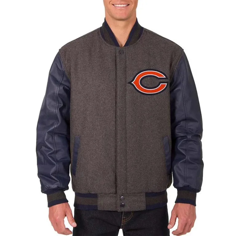 Chicago Bears Charcoal Wool & Navy Blue Genuine Leather Sleeves Full-Snap Men's Varsity Jacket