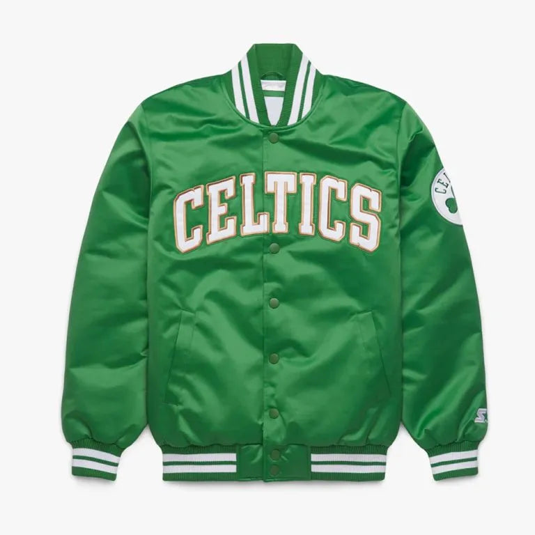 Boston Celtics 18x NBA Champions Heavyweight Full-Snap Varsity Green Satin Men's Bomber Jacket