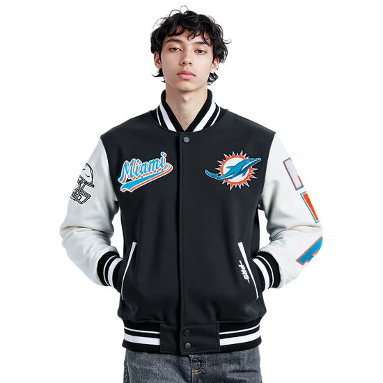 Miami Dolphins Script Tail Black Wool and White Genuine Leather Sleeves Men's Varsity Letterman Jacket