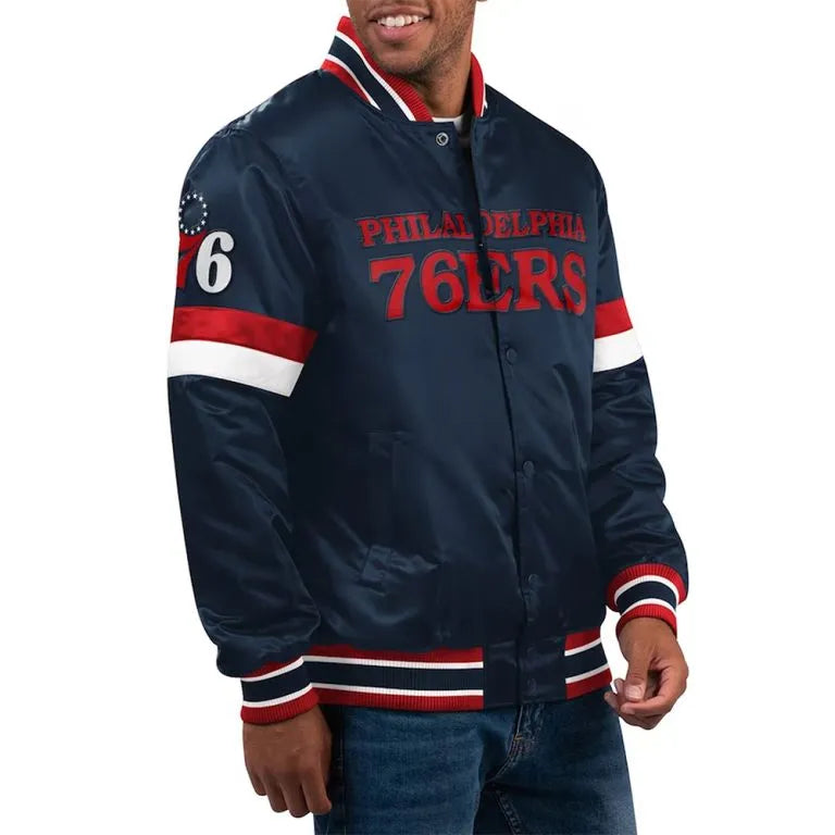 Philadelphia 76ers Home Game Full-Snap Varsity Navy Blue Satin Men's Bomber Jacket