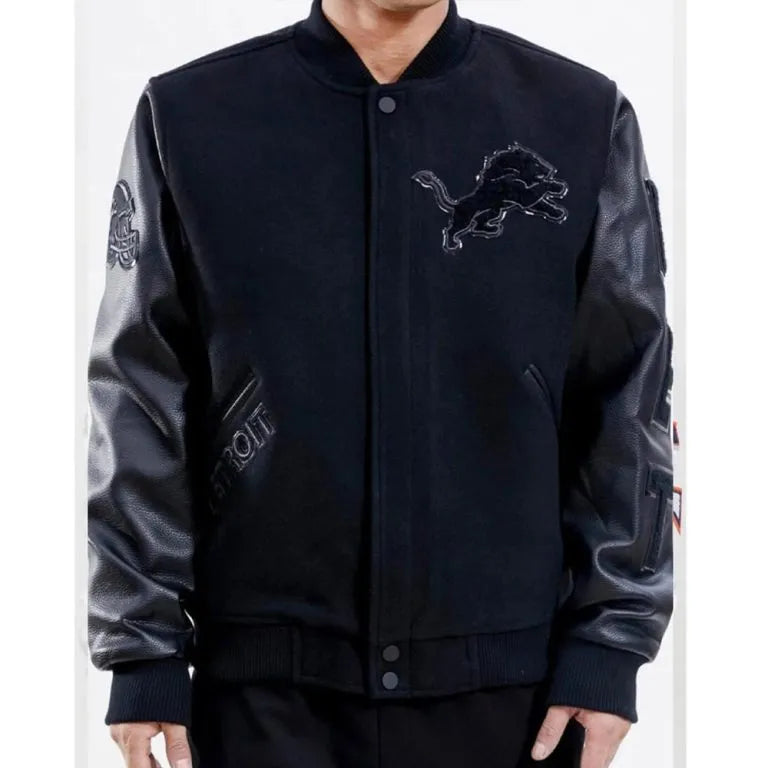 Detroit Lions Black Wool & Genuine Leather Sleeves Men's Varsity Letterman Jacket