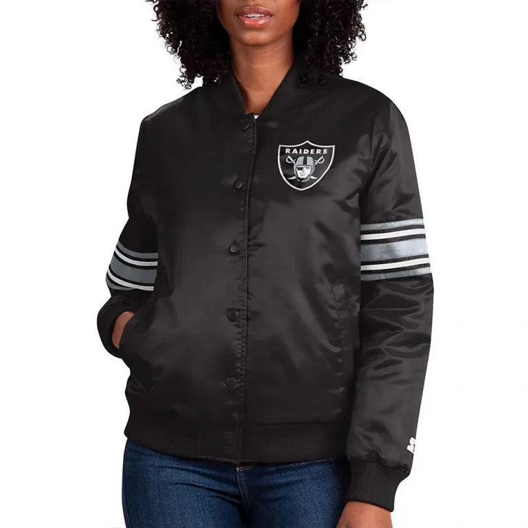 Los Angeles Raiders Line Up Full-Snap Varsity Black Satin Men's Bomber Jacket
