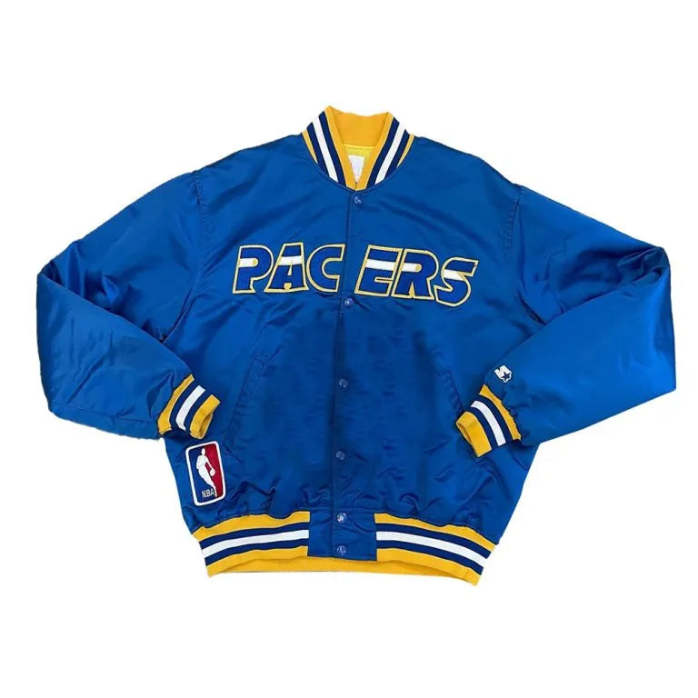 90’s Indiana Pacers Full-Snap Varsity Blue Satin Men's Bomber Jacket