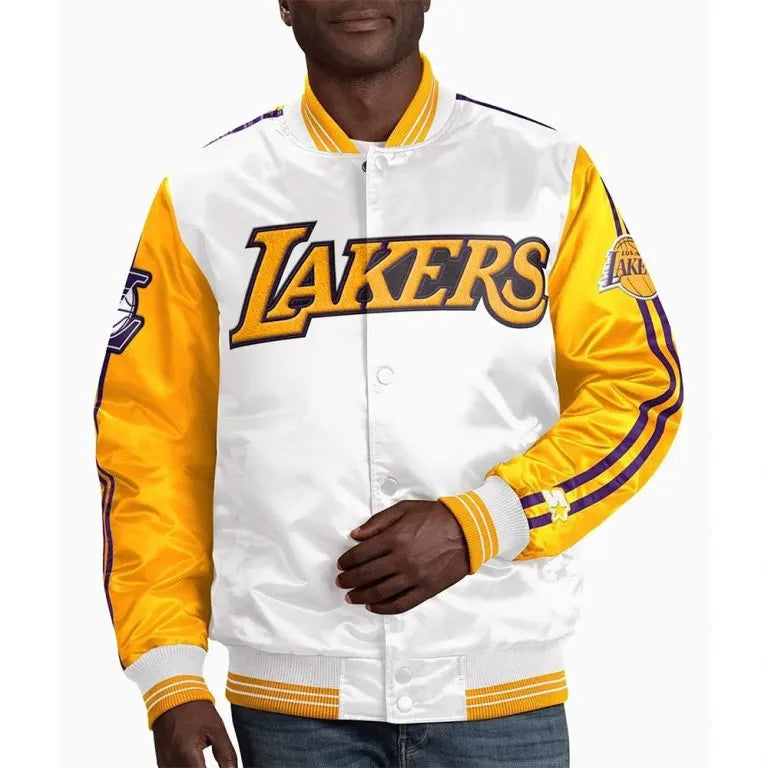 Los Angeles Lakers Full-Snap Varsity White & Yellow Satin Men's Bomber Jacket