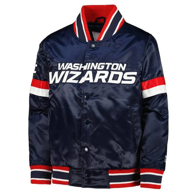 Washington Wizards Home Game Full-Snap Varsity Navy Blue Satin Men's Bomber Jacket