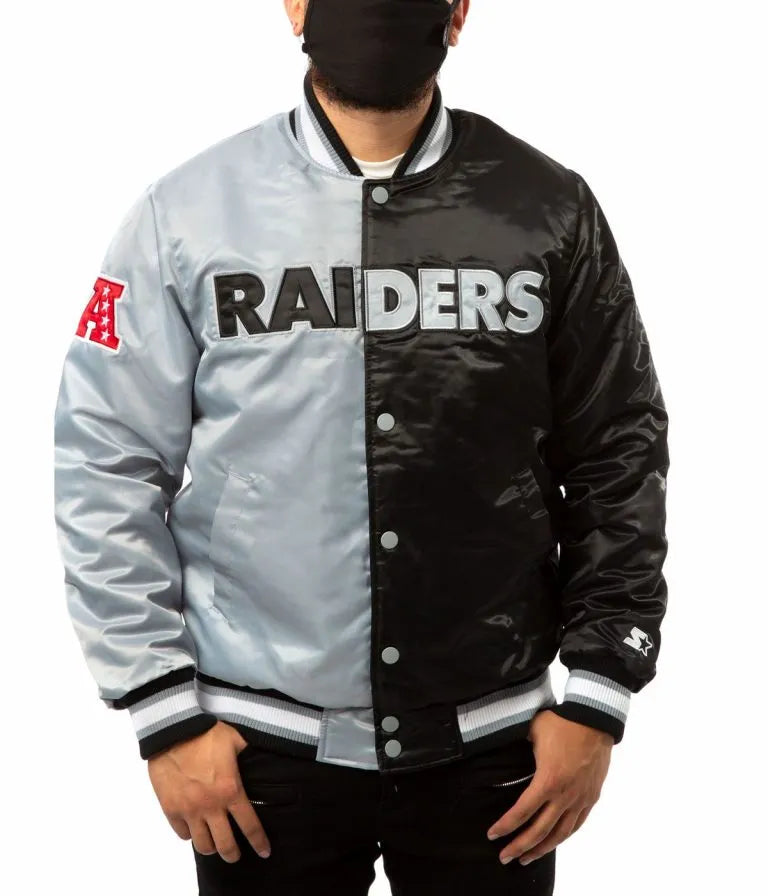 Los Angeles Raiders Full-Snap Varsity Black and Grey Satin Men's Bomber Jacket