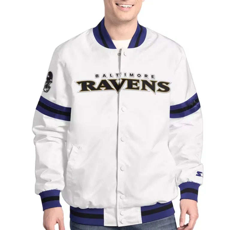 Baltimore Ravens Scout Full-Snap Varsity White Satin Men's Bomber Jacket