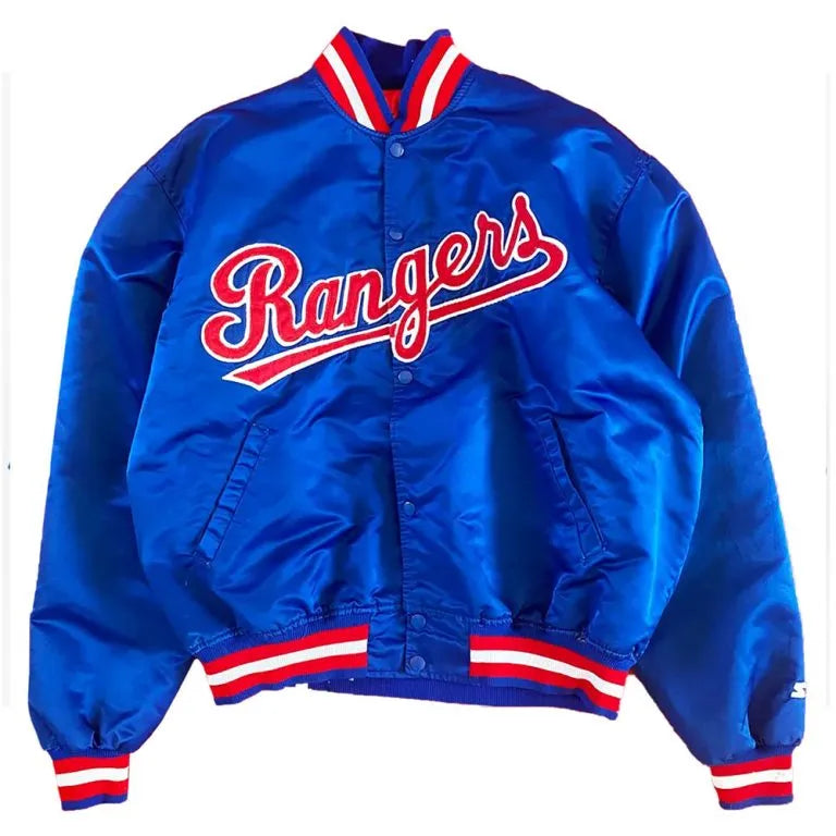 90’s Texas Rangers Full-Snap Blue Satin Men's Bomber Jacket