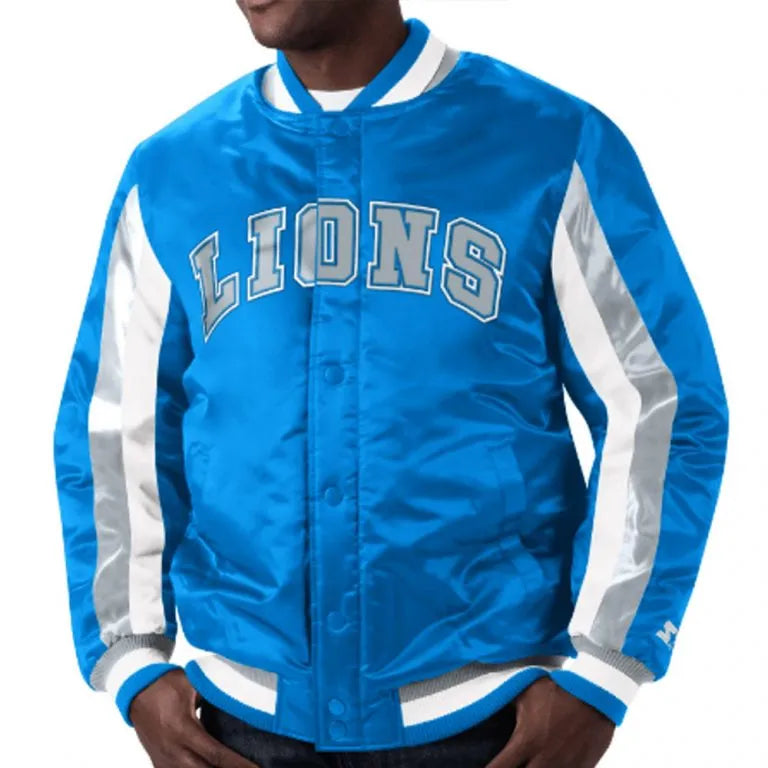 Detroit Lions Stripe Full-Snap Varsity Blue Satin Men's Bomber Jacket
