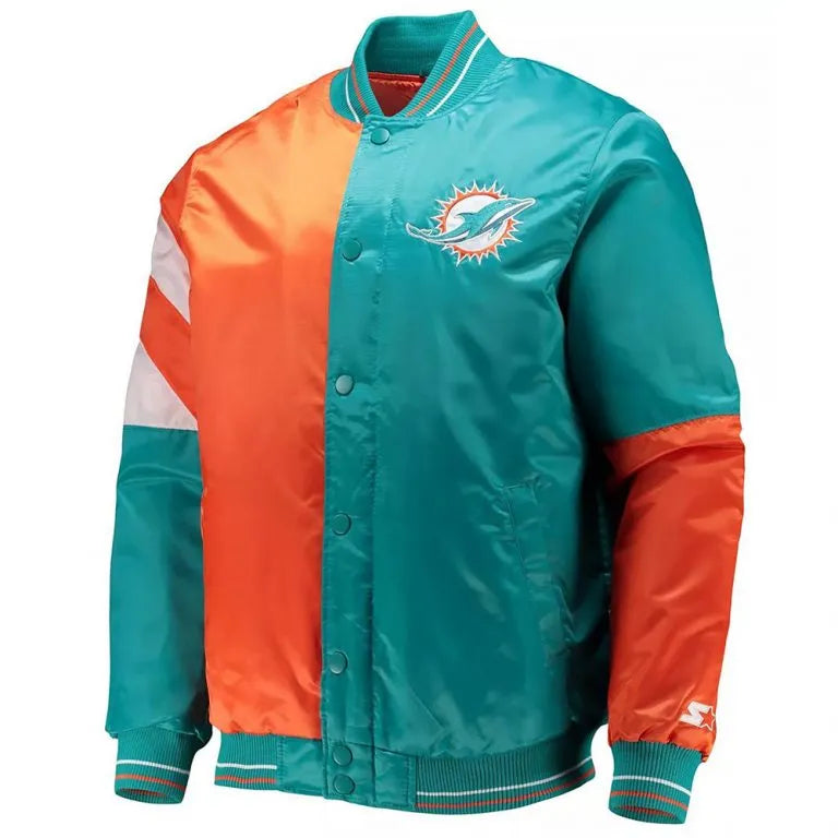 Miami Dolphins Leader Full-Snap Varsity Aqua and Orange Satin Men's Bomber Jacket