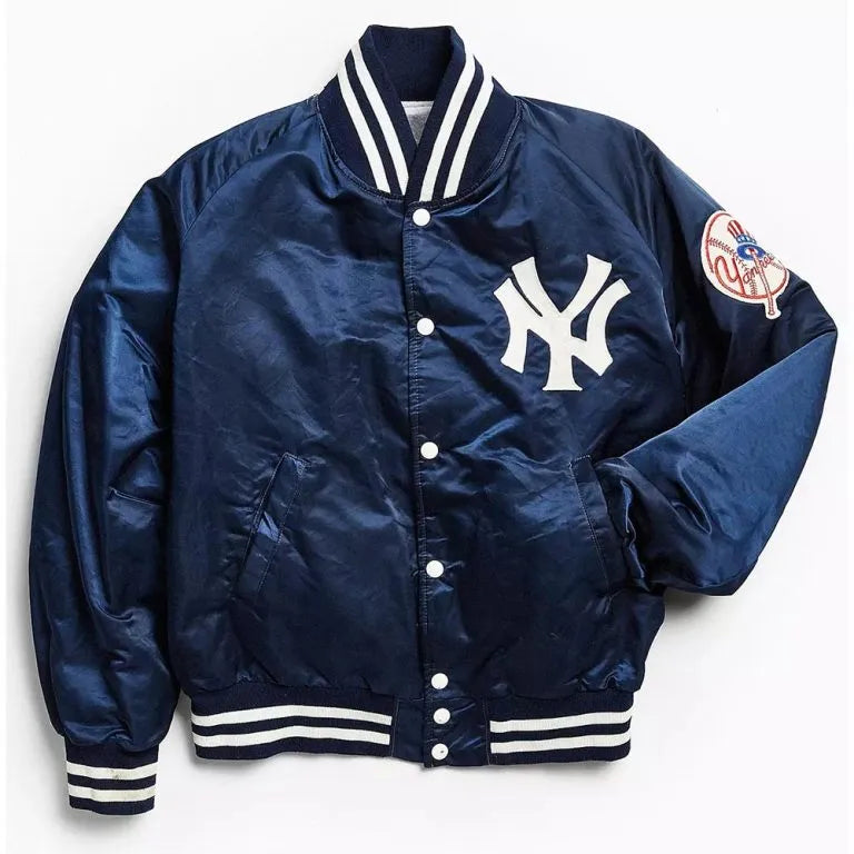 90s New York Yankees Blue Satin Bomber Men's Jacket