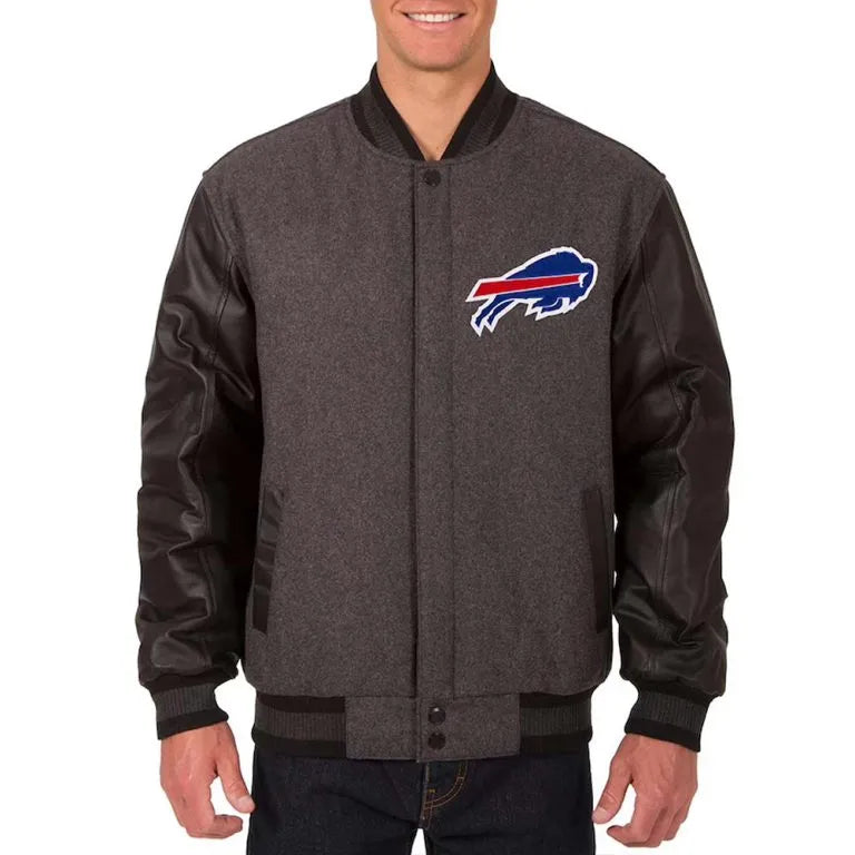 Buffalo Bills Charcoal Wool and Black Leather Sleeves Varsity Men's Letterman Jacket