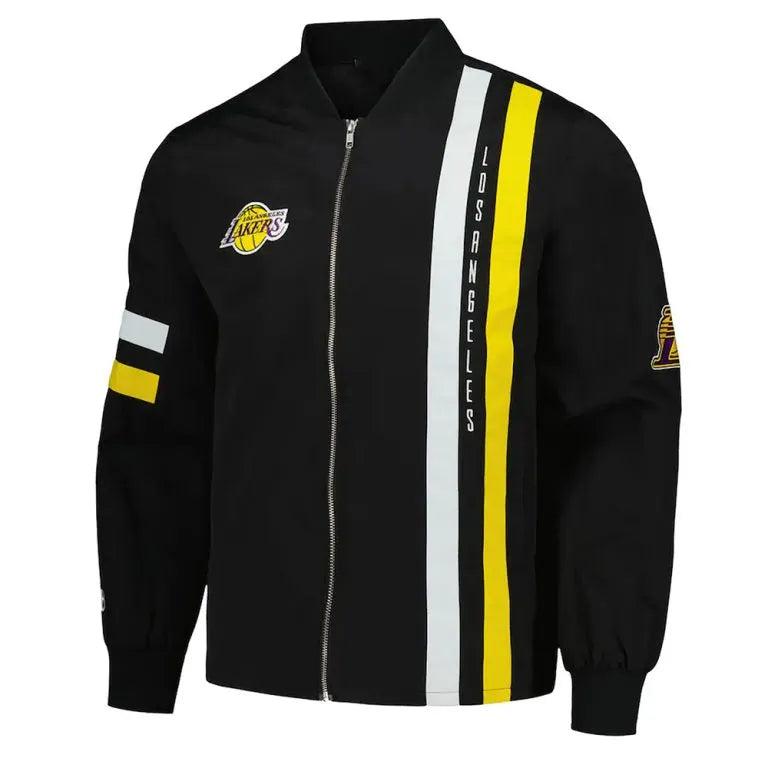 Los Angeles Lakers Stitch Applique Full-Zip Varsity Black Cotton Men's Bomber Jacket