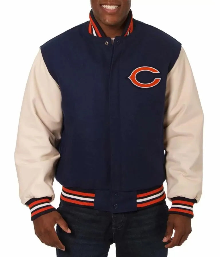 Chicago Bears Navy Blue Wool & Beige Genuine Leather Sleeves Men's Varsity Jacket