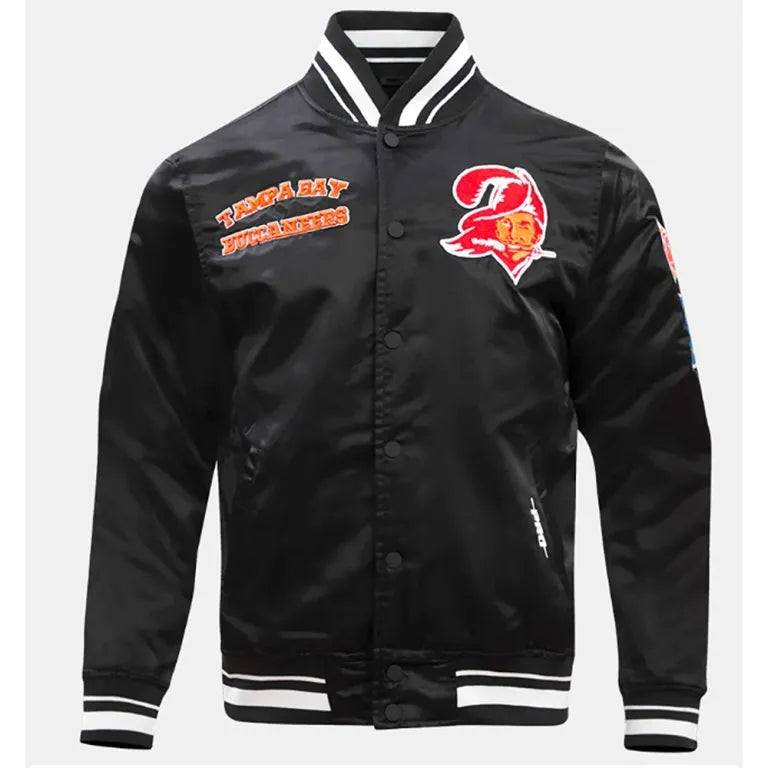 Tampa Bay Buccaneers Retro Classic Rib Full-Snap Varsity Black Satin Men's Bomber Jacket
