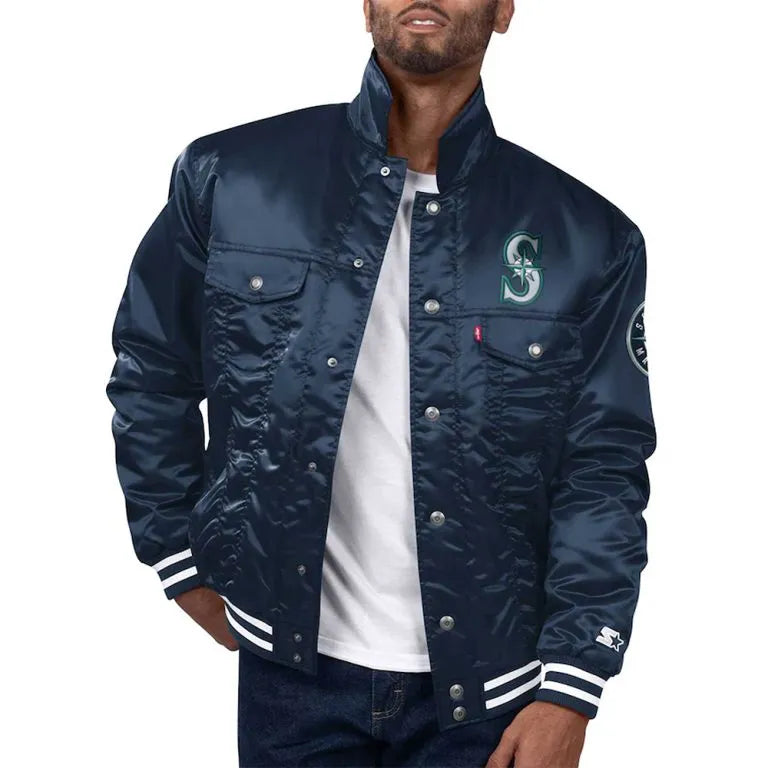 Seattle Mariners Silver Tab Trucker Full-Snap Navy Blue Satin Men's Jacket