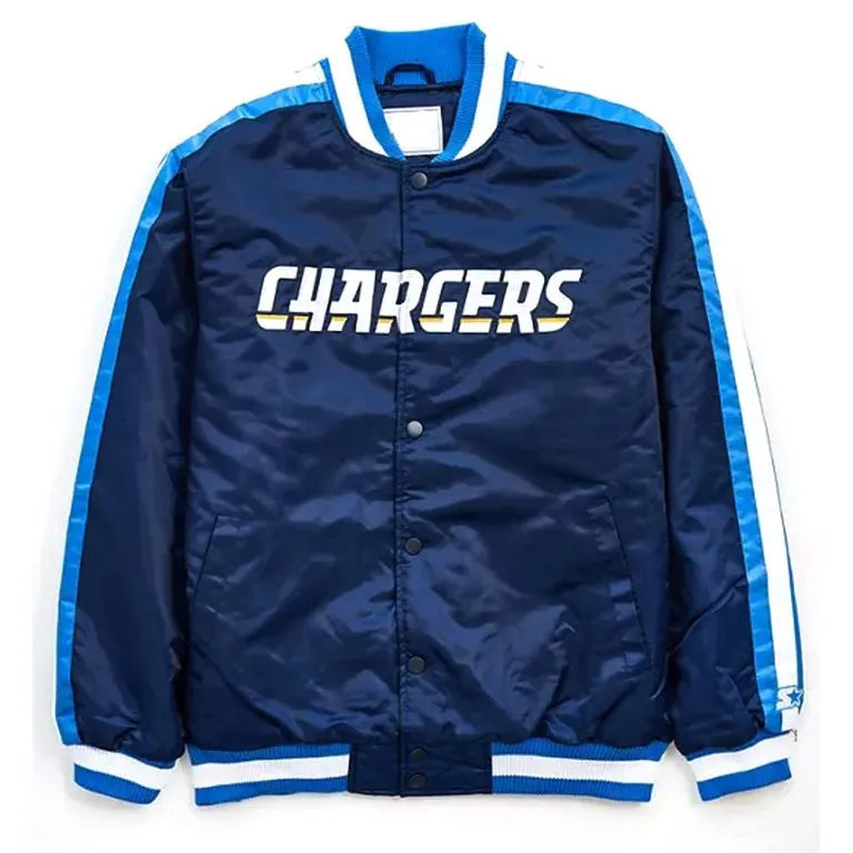 Los Angeles Chargers Striped Full-Snap Varsity Navy Blue Satin Men's Bomber Jacket