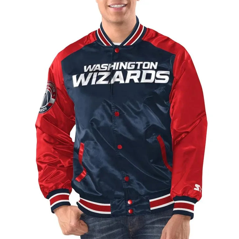 Washington Wizards Renegade Full-Snap Varsity Navy Blue & Red Satin Men's Bomber Jacket