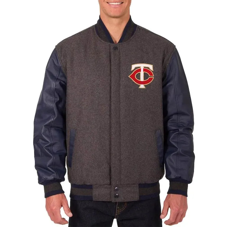 Minnesota Twins Charcoal Wool &  Navy Blue Leather Sleeves Varsity Men's Jacket