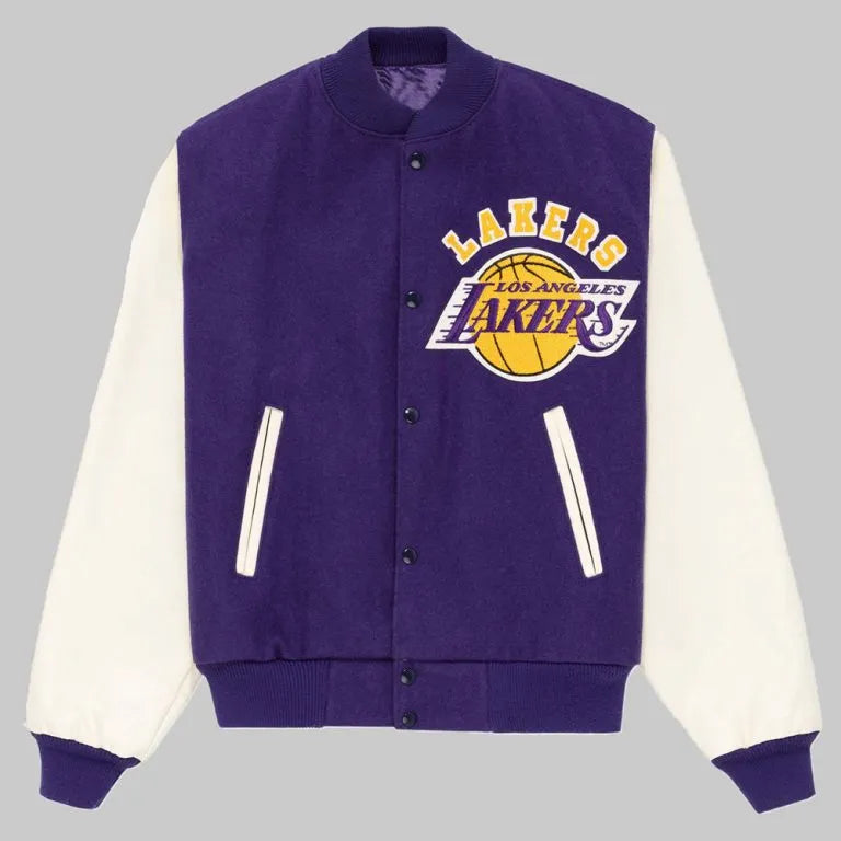 Los Angeles Lakers Vintage Varsity Purple Wool & White Genuine Leather Sleeves Men's Bomber Jacket