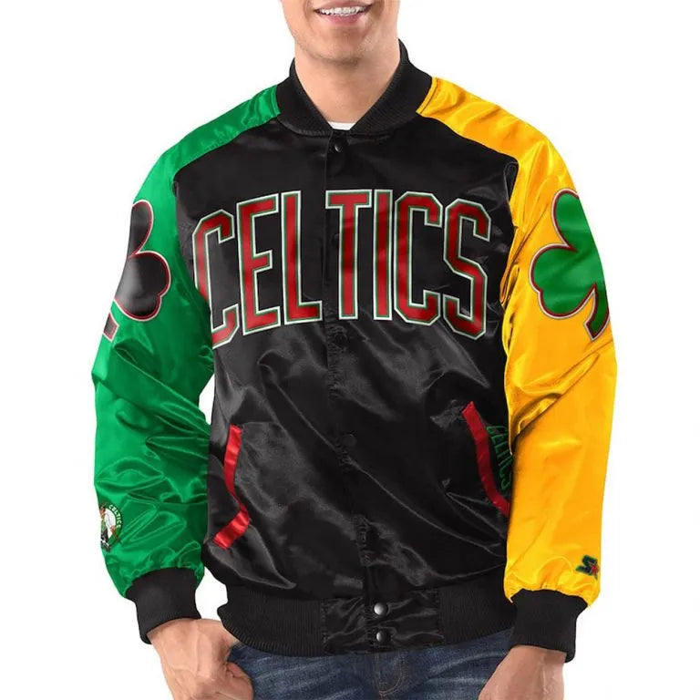 Boston Celtics Ty Mopkins Full-Snap Varsity Black/Red Satin Men's Bomber Jacket