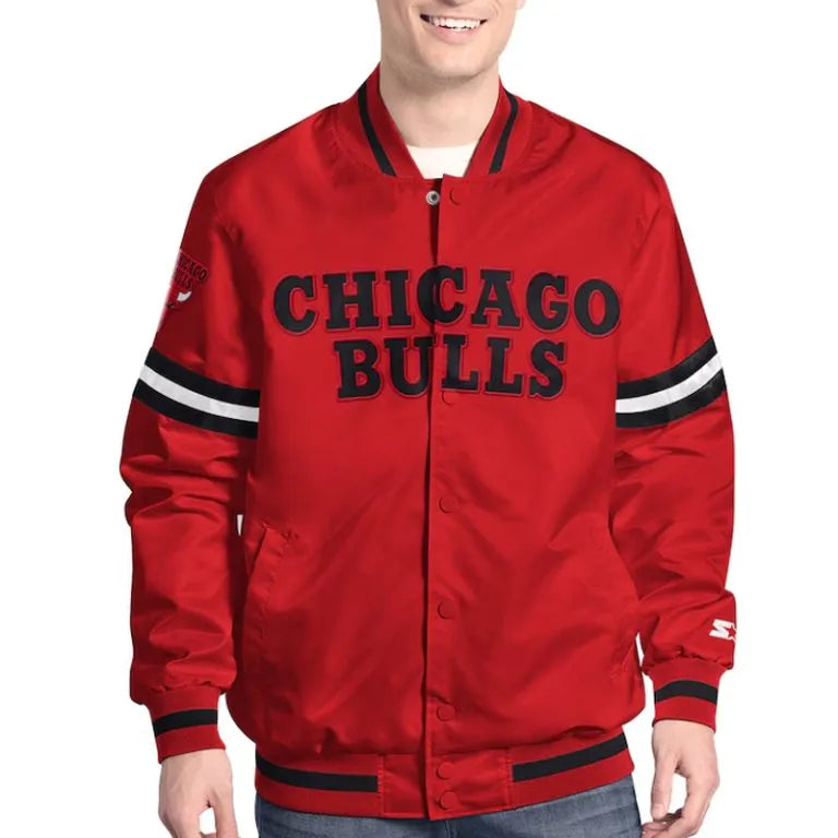 Chicago Bulls Scout Full-Snap Varsity Red Satin Men's Bomber Jacket