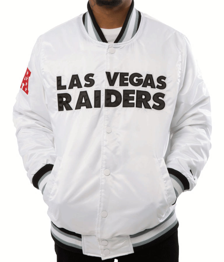 Los Angeles Raiders Back Shield Full-Snap Varsity White Satin Men's Bomber Jacket