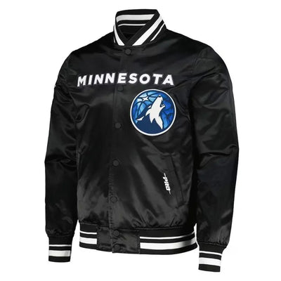 Minnesota Timberwolves 2024 City Edition Full-Snap Varsity Black Satin Men's Bomber Jacket